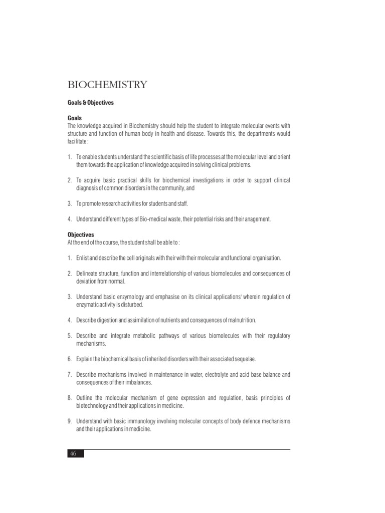 Biochemistry Course Goals and Objectives | PDF | Metabolism | Biosynthesis