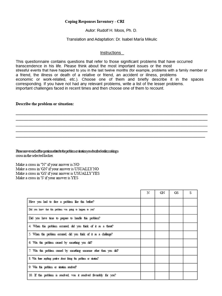 Coping Responses Inventory (CRI) Guide | PDF | Thought | Emotions