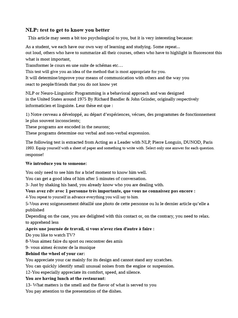 NLP Learning Style Assessment Test | PDF | Neuro Linguistic Programming