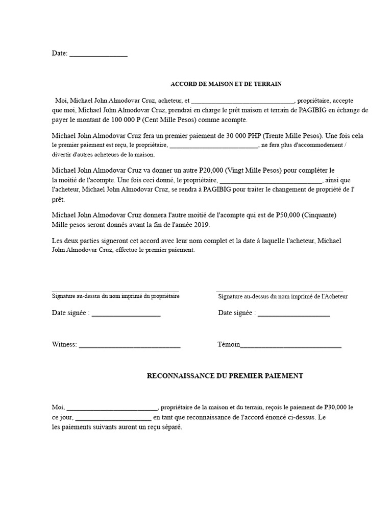 Accord de Paiement Maison et Terrain | PDF