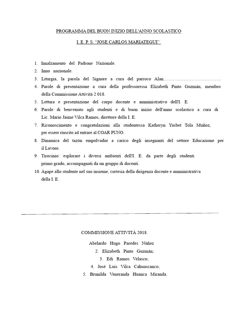 Programma Del Buon Inizio Dell'anno Scolastico Di La | PDF