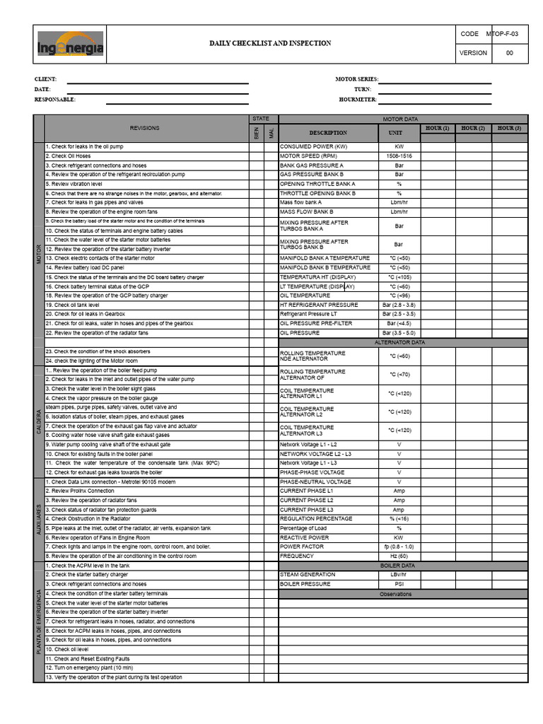 (MTOP-F-03) Daily Checklist and Inspection | PDF | Engines | Throttle