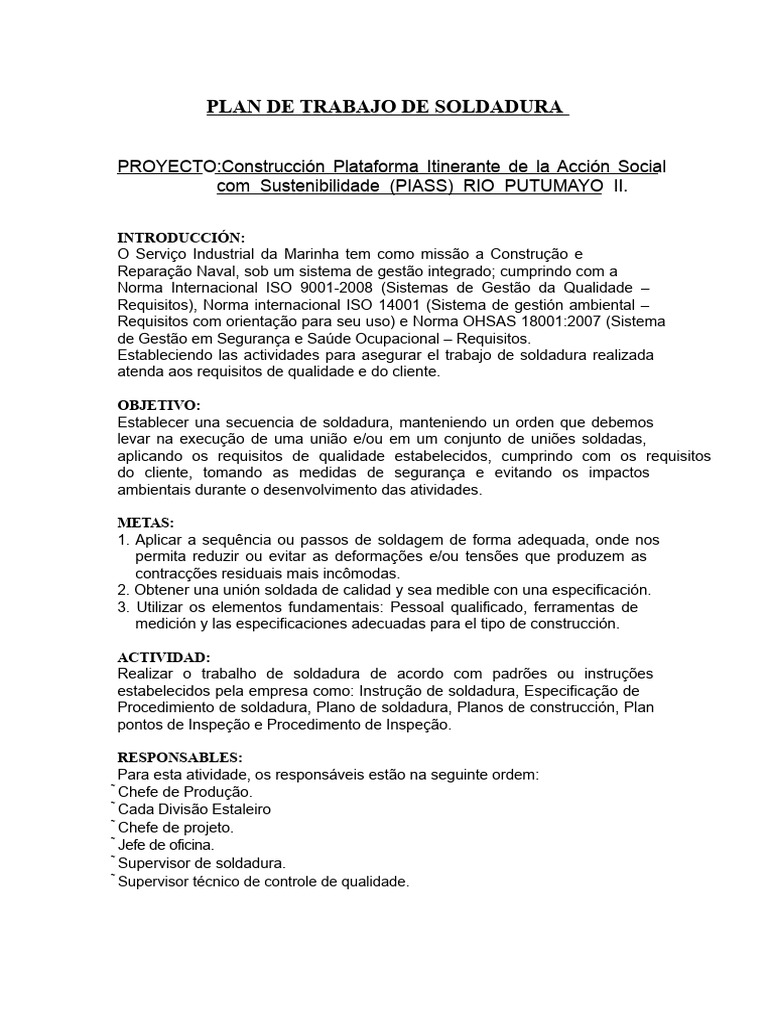 Plano de Trabalho de Soldadura PIASS | PDF