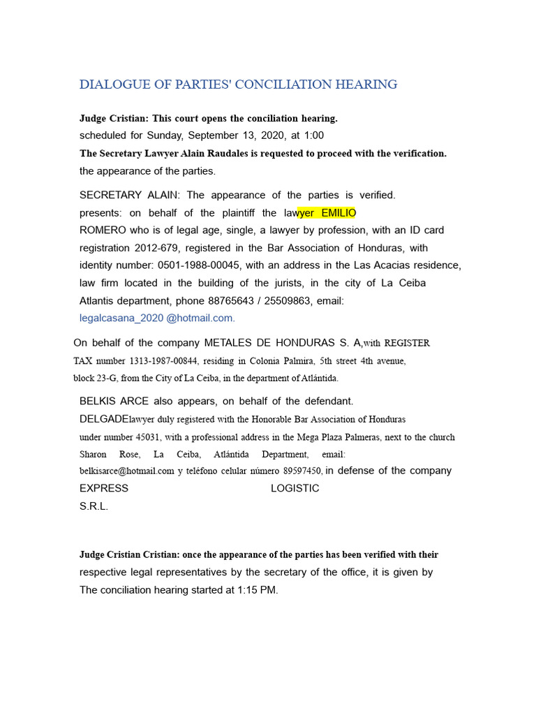 Conciliation Hearing Dialogue Summary | PDF | Justice | Crime & Violence