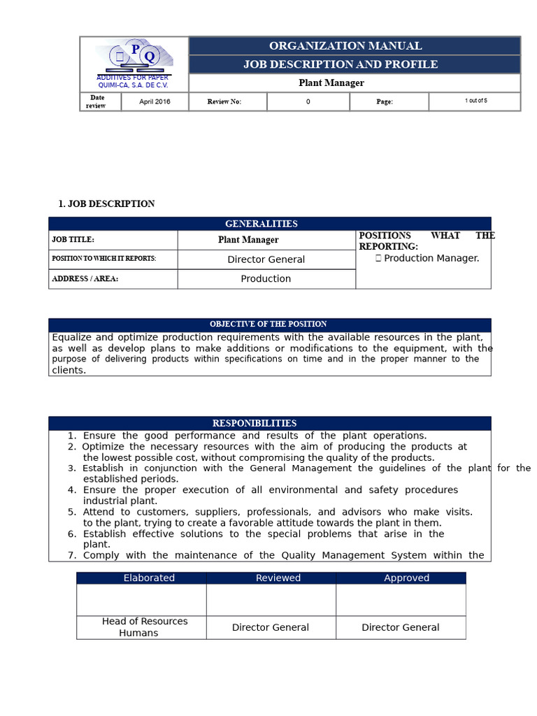 01 Plant Manager Rev. 0 | PDF | Procurement | Quality Management System
