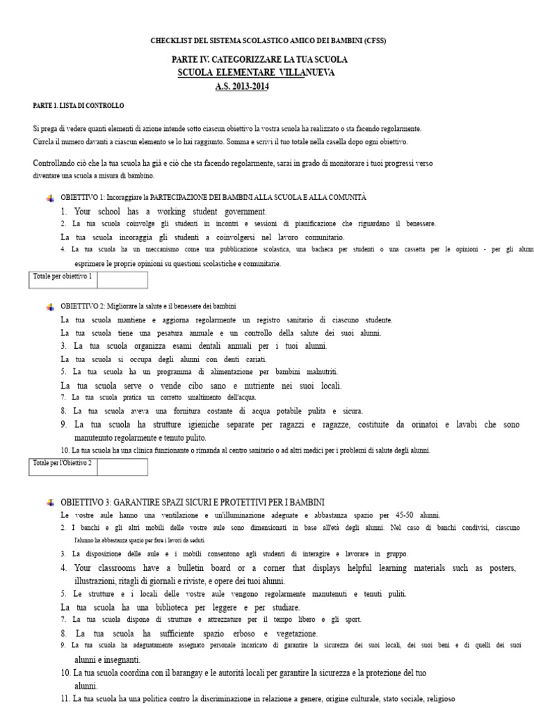 Sistema Scolastico Adatto Ai Bambini Cfss Checklist | PDF