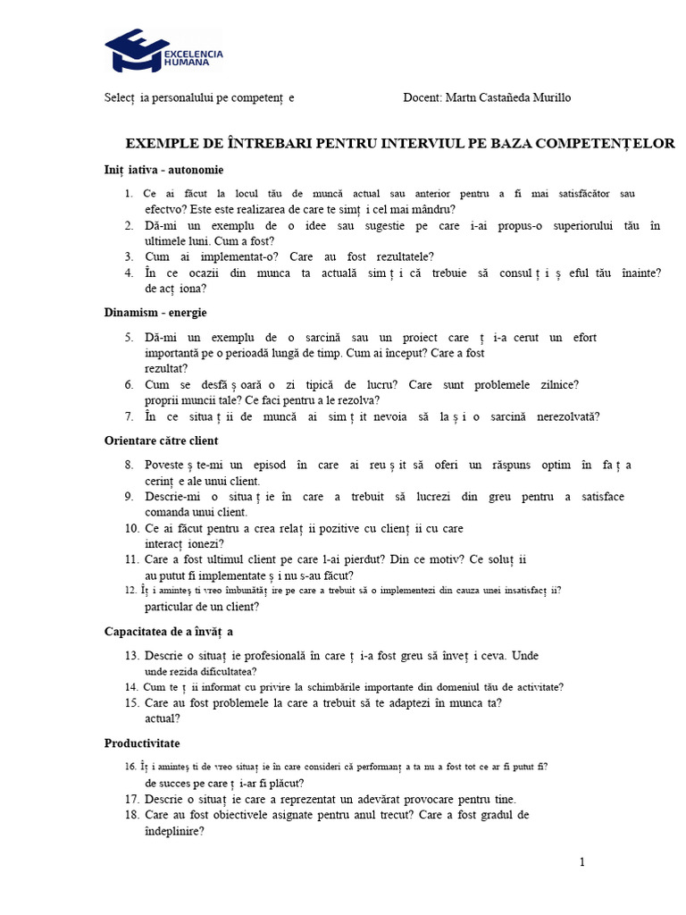 Exemple de Întrebări Pentru Interviuri Pe Baza Competențelor | PDF
