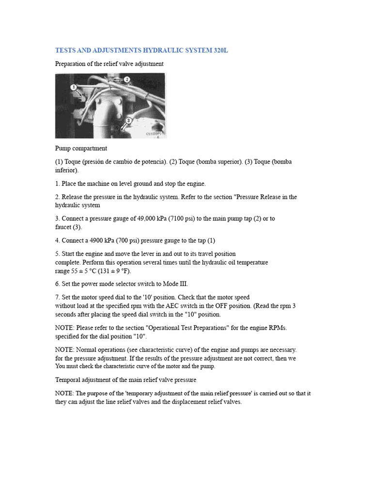 Hydraulic System Adjustment Guide 320L | PDF | Pressure Measurement | Pump
