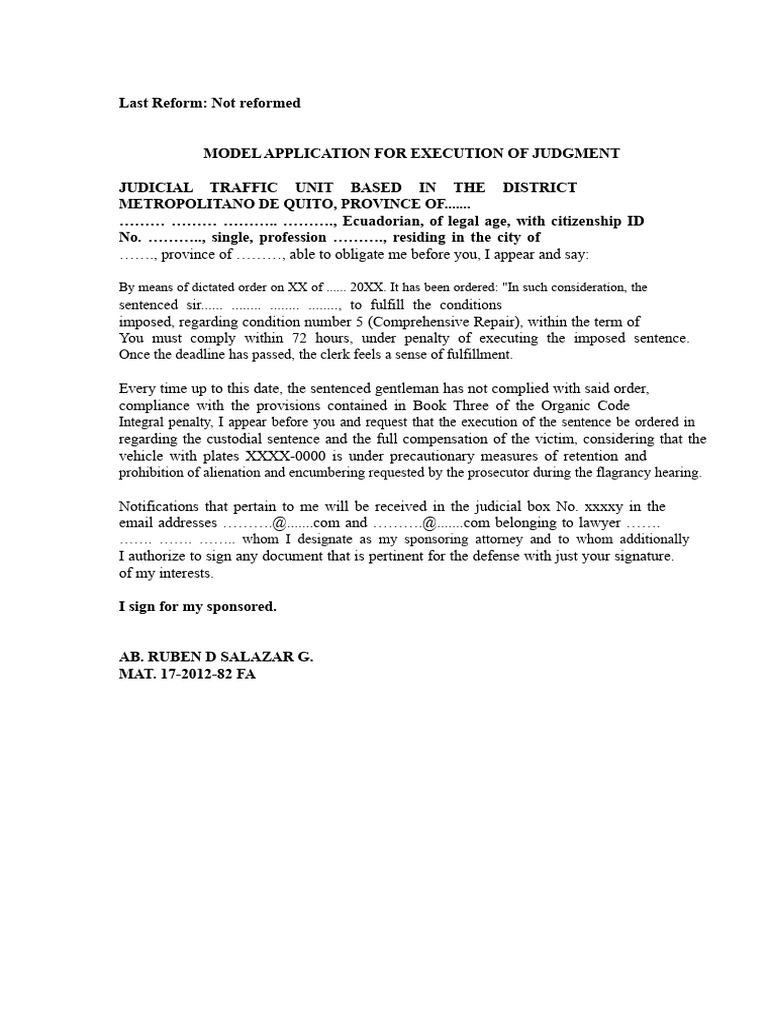 Model Request For Enforcement of Judgment | PDF