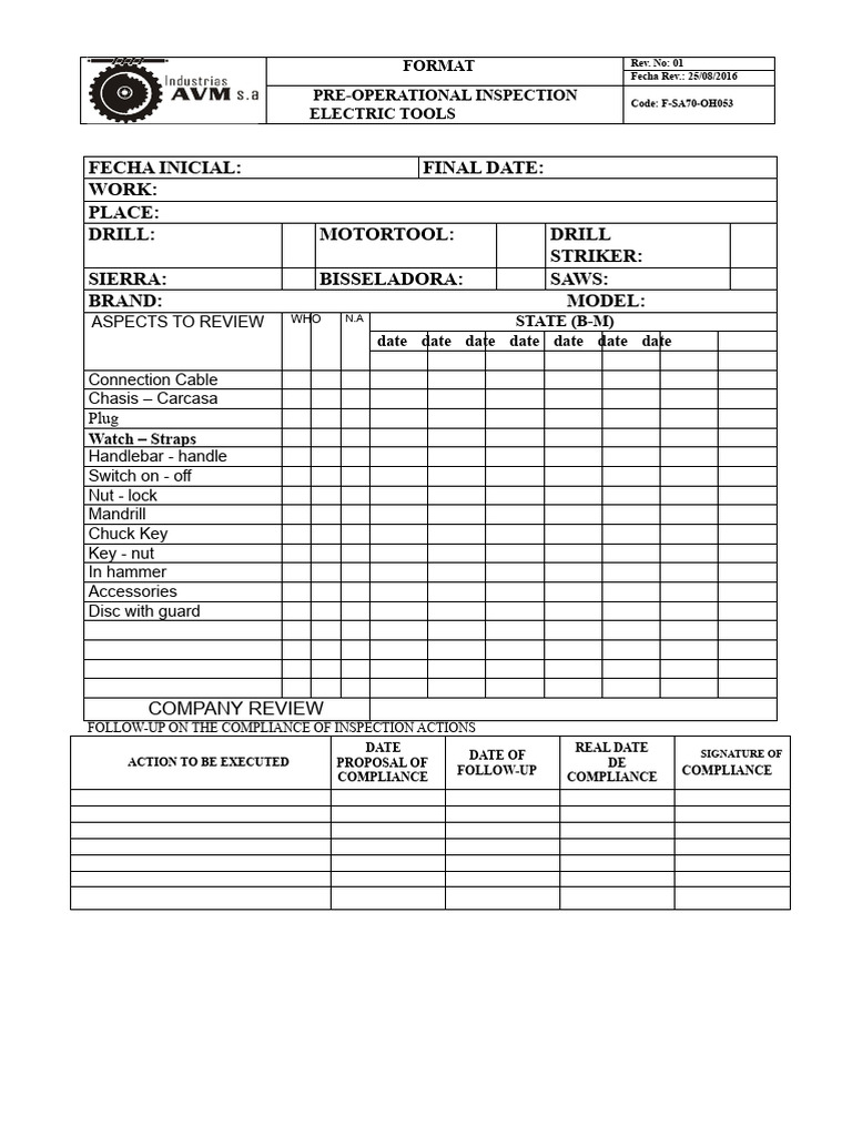 Pre-Operational Inspection Checklist for Electric Tools | PDF