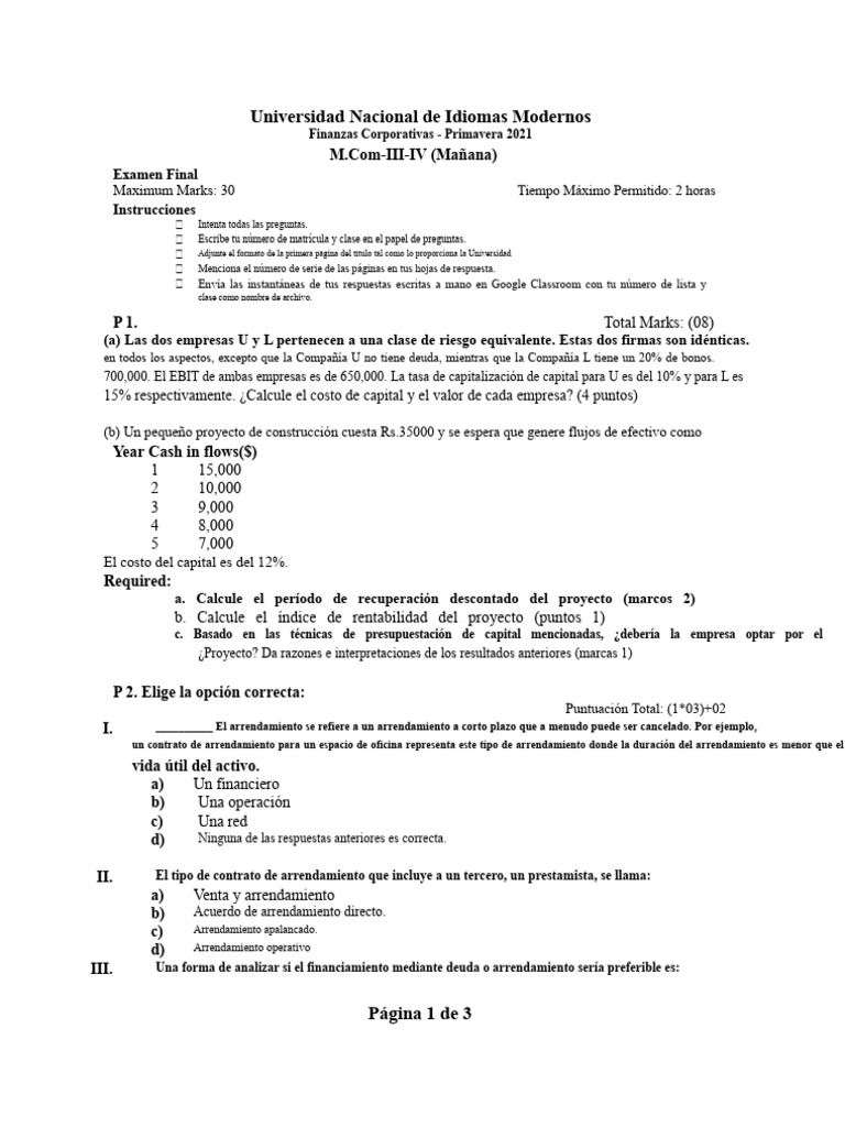 Examen Final de Finanzas Corporativas 2021 | PDF | Compartir (Finanzas ...