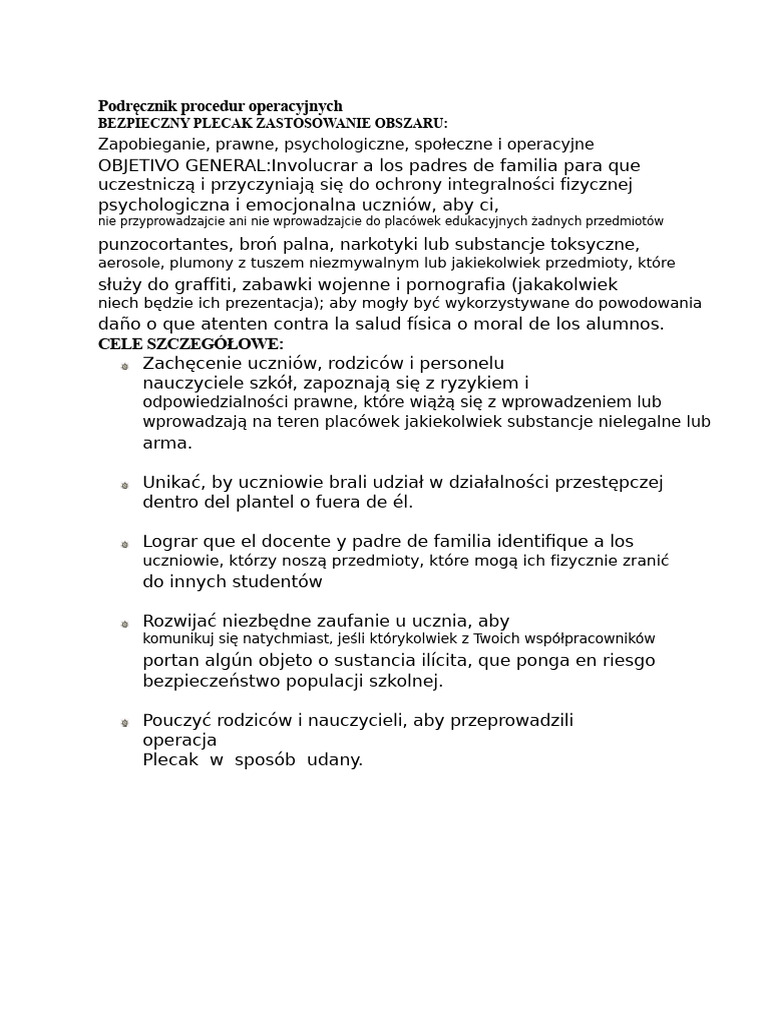 Podręcznik Procedur Dla Operacji Bezpieczny Plecak | PDF