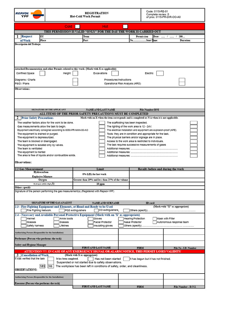 Hot-Cold Work Permit Registration Guide | PDF | Firefighting | Gases