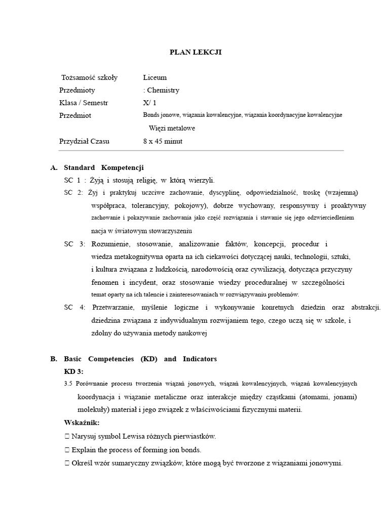 Plan Lekcji Na Temat Wiązań Chemicznych | PDF
