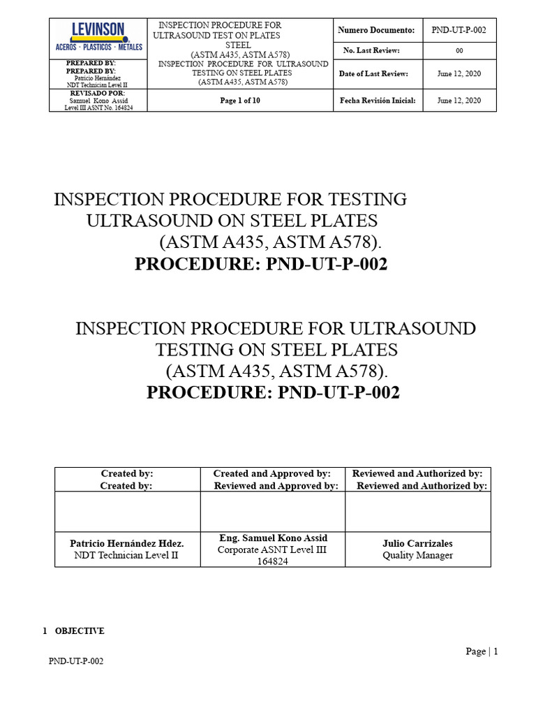 Ultrasound Inspection Procedure for Steel Plates | PDF | Ultrasound ...