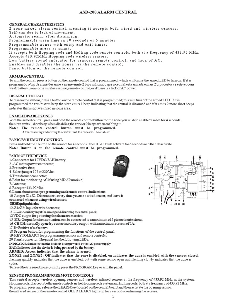ASD-200 Alarm Central Features Guide | PDF | Remote Control | Electricity