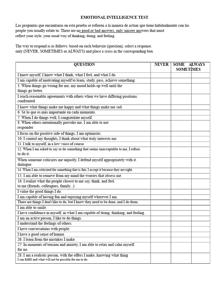 Emotional Intelligence Assessment Test | PDF | Intelligence | Emotions
