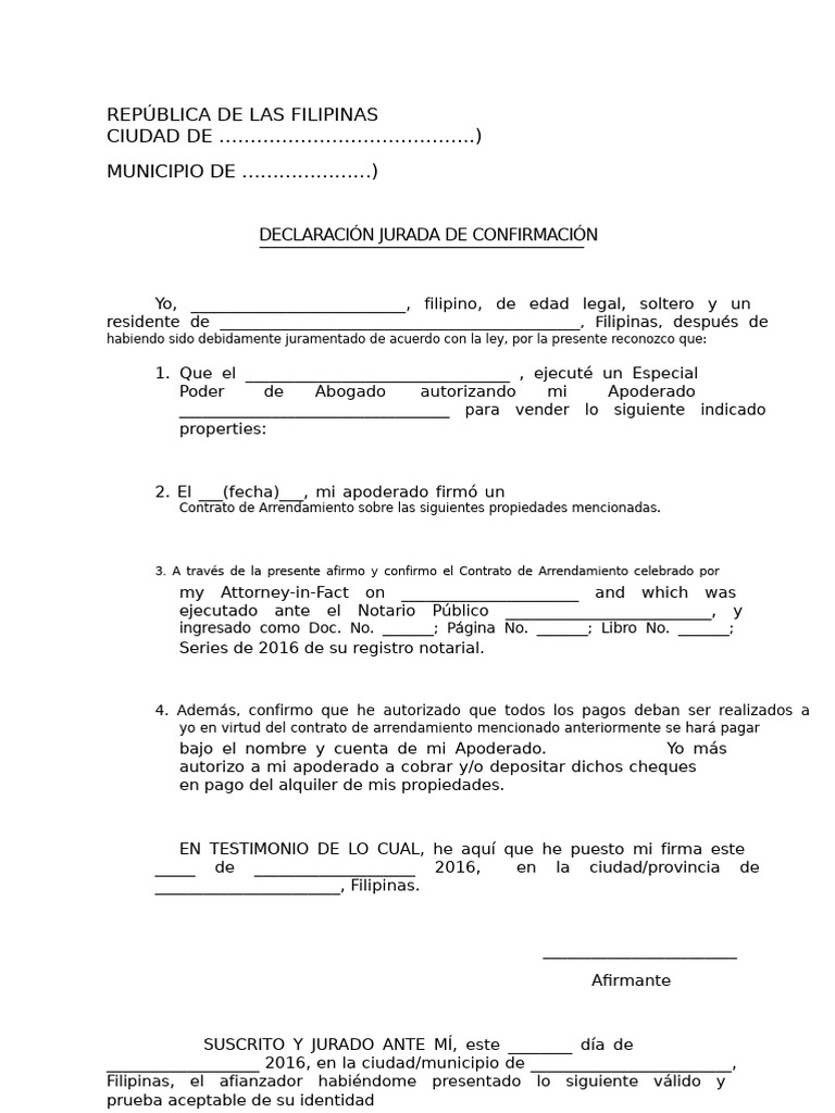 Declaración Jurada de Confirmación Filipinas | PDF