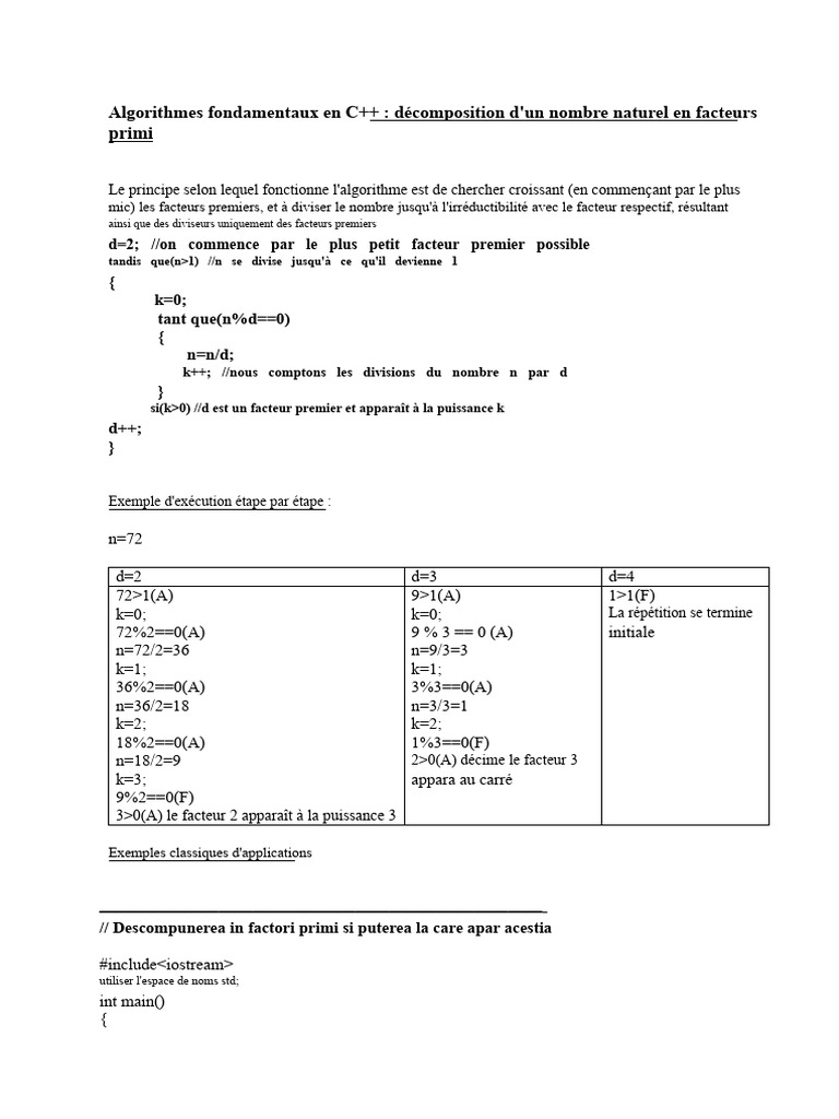 Décomposition en facteurs premiers en C++ | PDF | Théorie de la ...