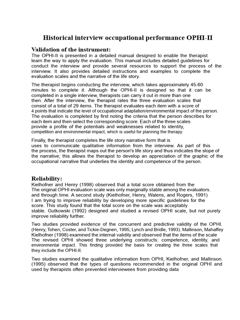 OPHI-II Occupational Performance Evaluation | PDF | Evaluation ...