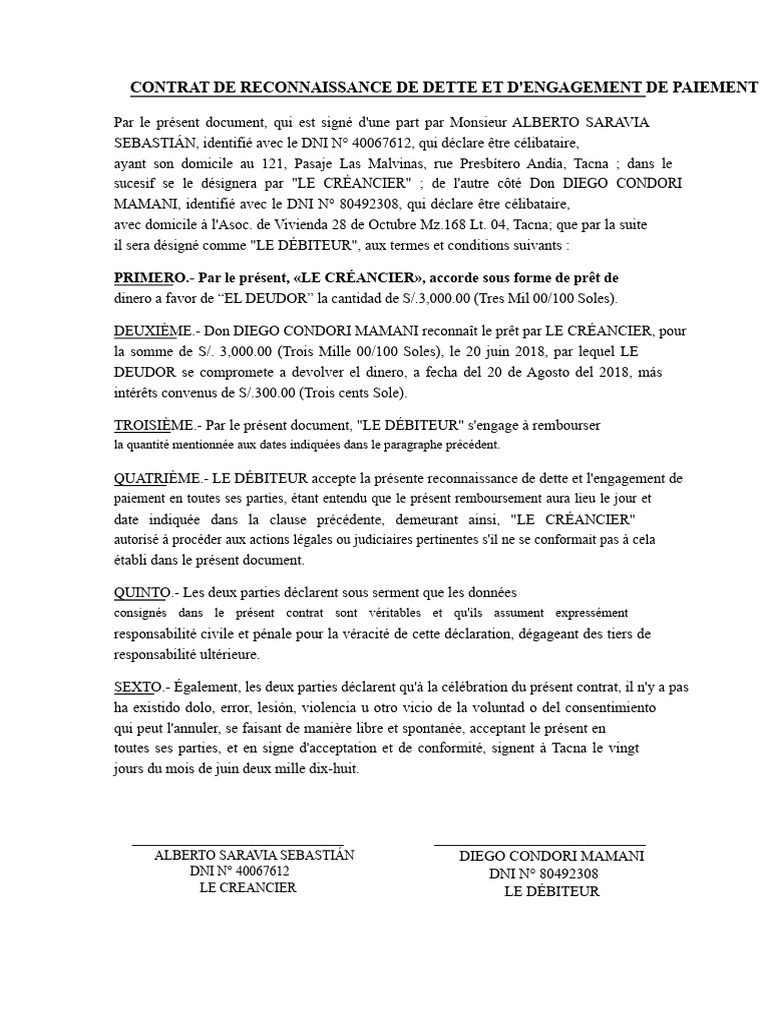 Contrat de reconnaissance de dette | PDF | Débiteur | Dettes