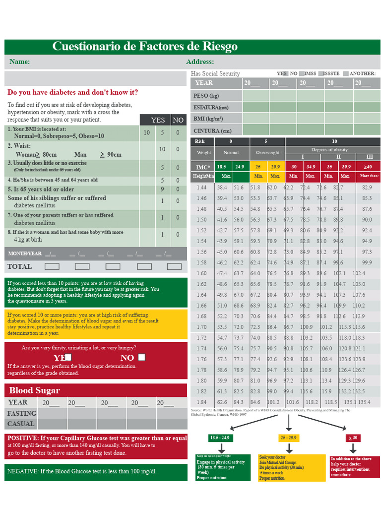 Risk Factors Questionnaire | PDF | Body Mass Index | Obesity