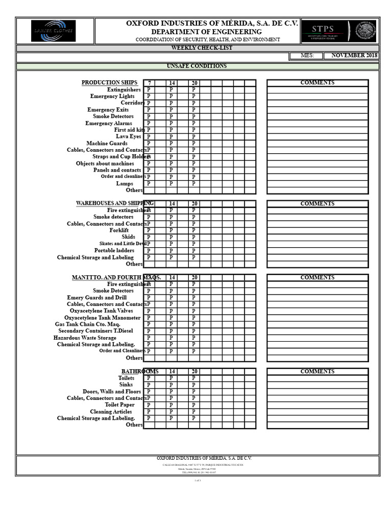 Weekly Checklist | PDF | Personal Protective Equipment | Safety