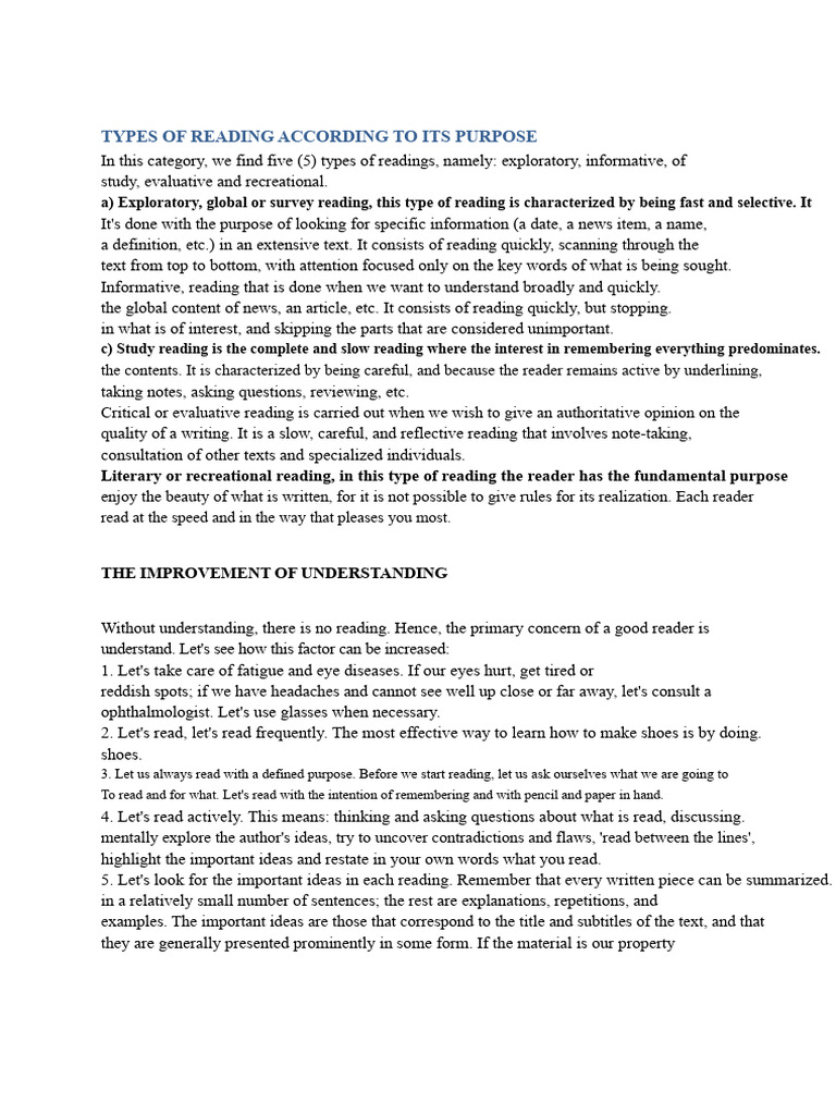 Types of Reading and Improvement Techniques | PDF | Reading ...