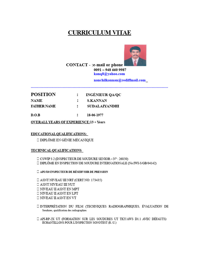 CV Ingénieur QA/QC S. Kannan | PDF | Tuyau | Soudage