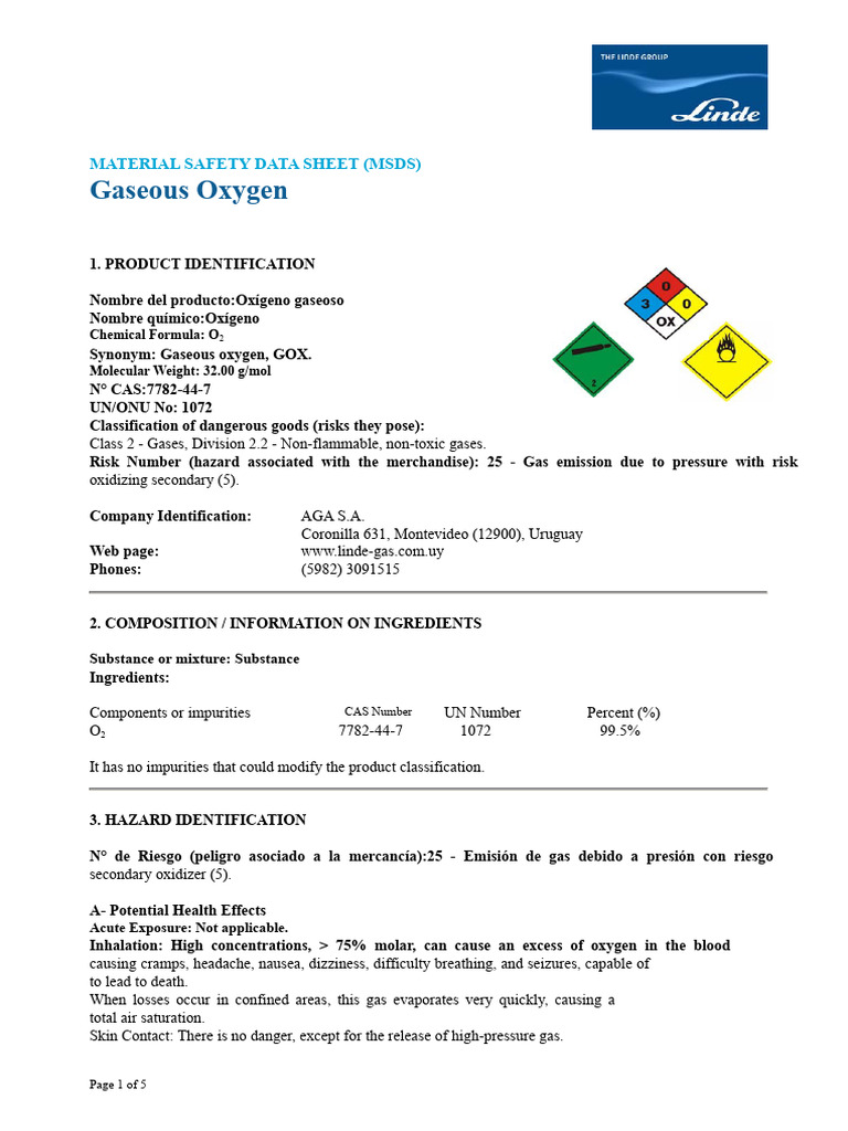 MSDS Oxygen | PDF | Oxygen | Fires