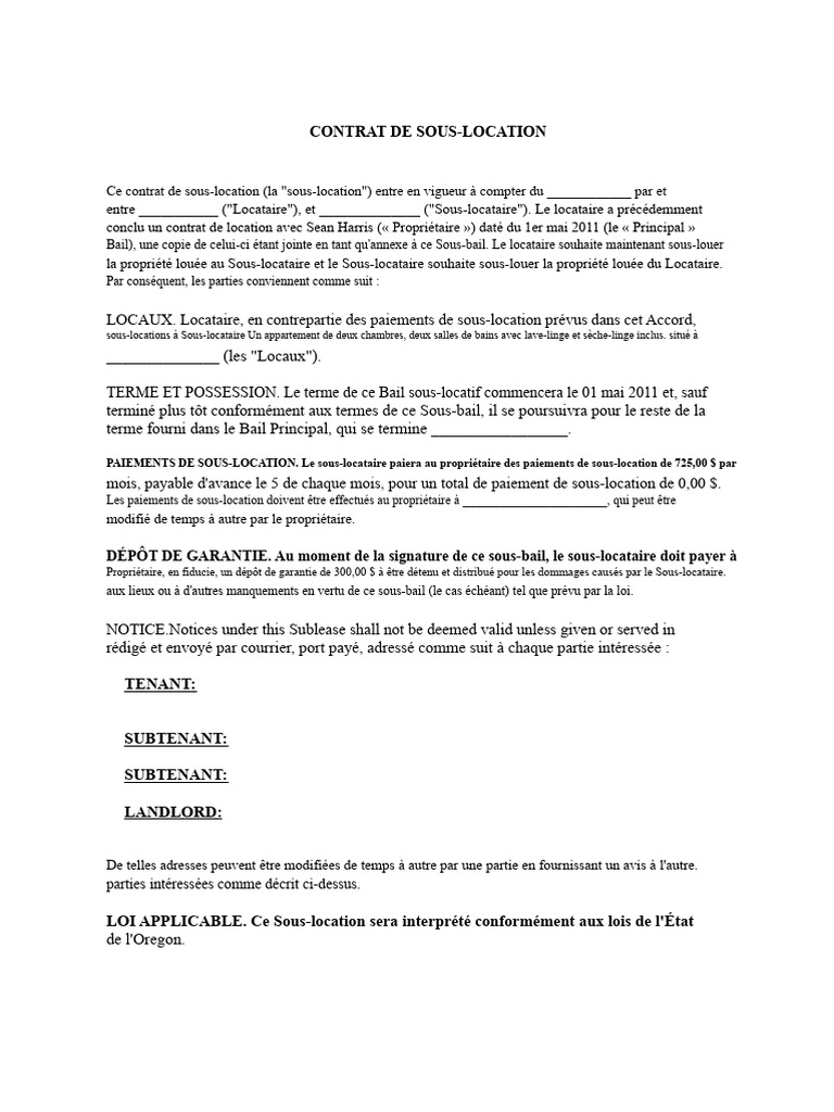 Contrat De Sous Location R sidentielle PDF Propri taire