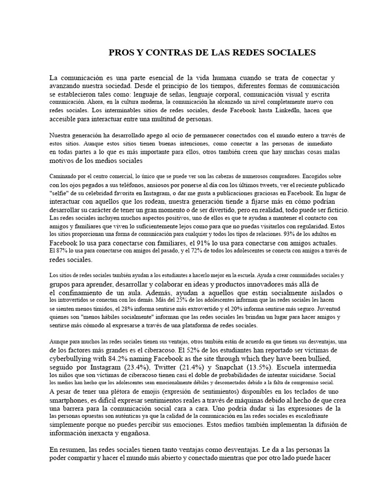 Pros y Contras de las Redes Sociales | PDF | Acoso cibernético ...