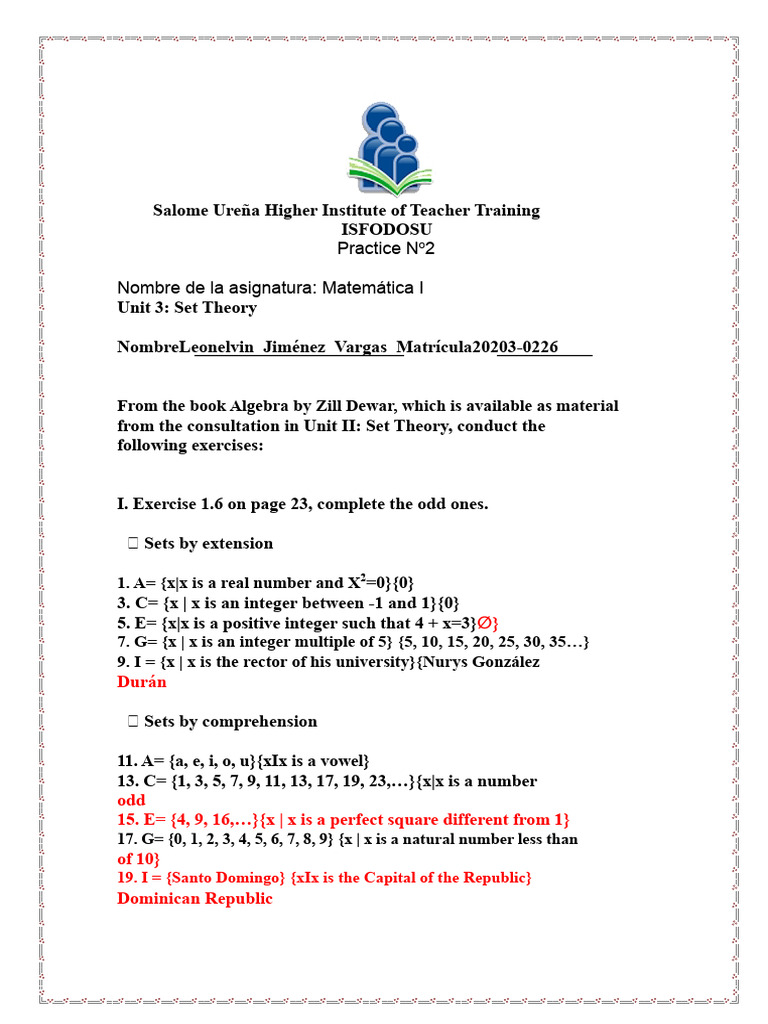 Practice 2 of Mathematics 1 | PDF | Set (Mathematics) | Abstract Algebra