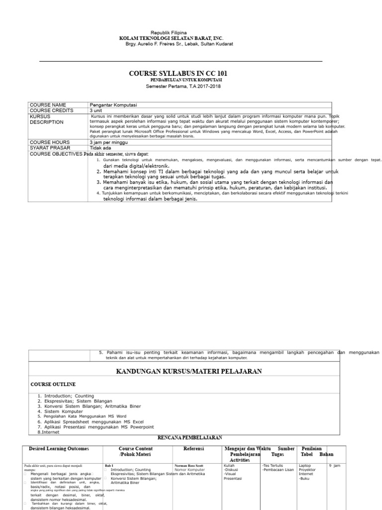 Syllabus Pengantar Komputasi CC 101 | PDF
