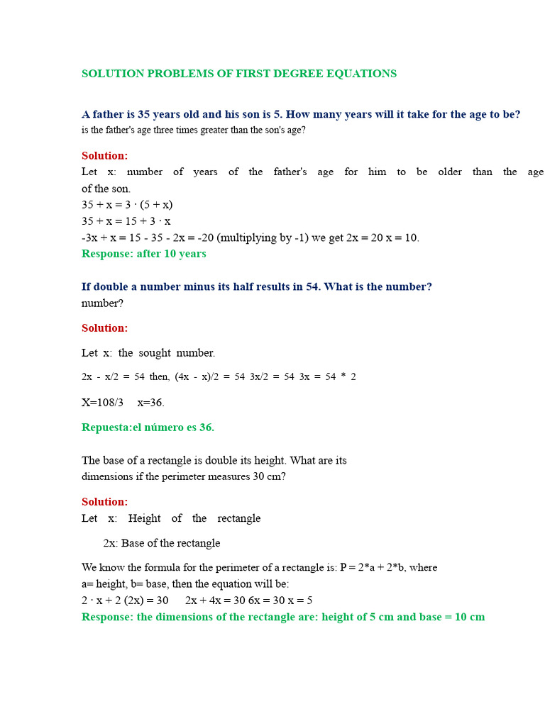 First Degree Equation Problem Solutions | PDF | Equations | Geometry