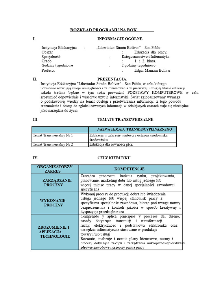 Roczny Program Nauczania 1,2 | PDF