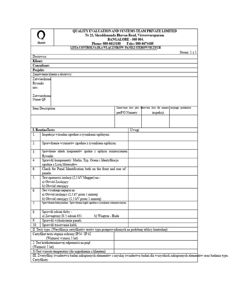 Checklist Control Panel | PDF