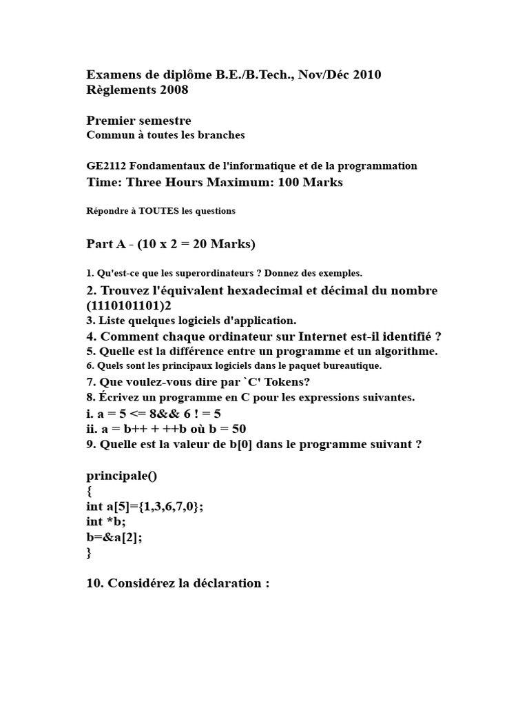 Examens B.E./B.Tech. Informatique 2010 | PDF | Programmation ...