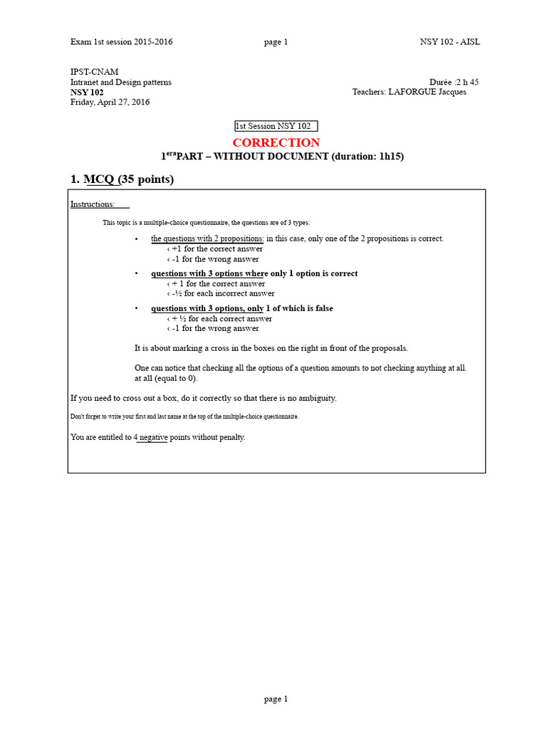Correction Exam 1st Session NSY102 - 2015-2016 | PDF | Class (Computer ...
