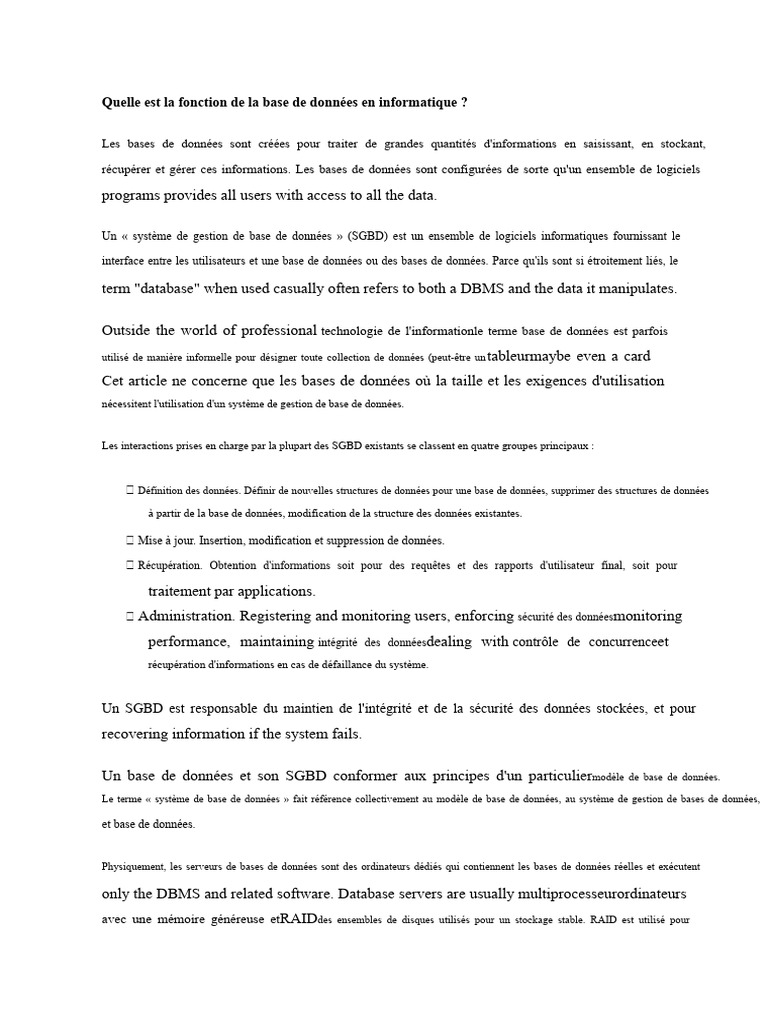 Fonction et gestion des bases de données | PDF | Bases de données ...