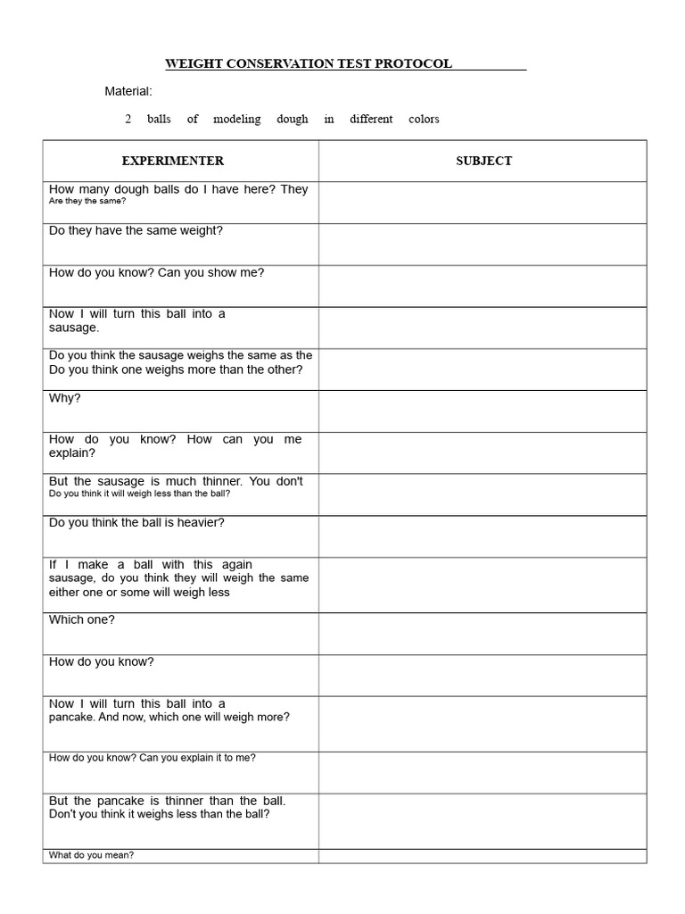 Weight and Conservation Test Protocols | PDF | Weight | Water