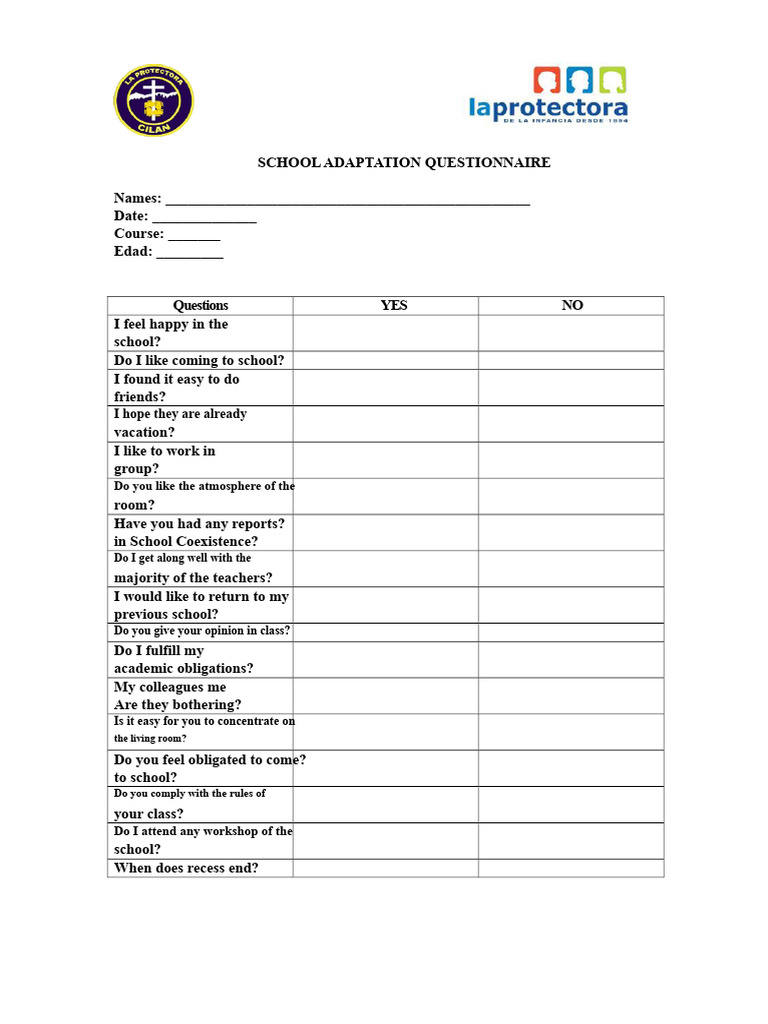 School Adaptation Questionnaire Template | PDF