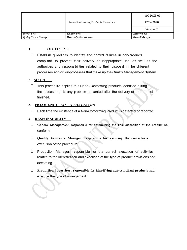 Non-Conforming Products Procedure Guide | PDF | Regulatory Compliance ...