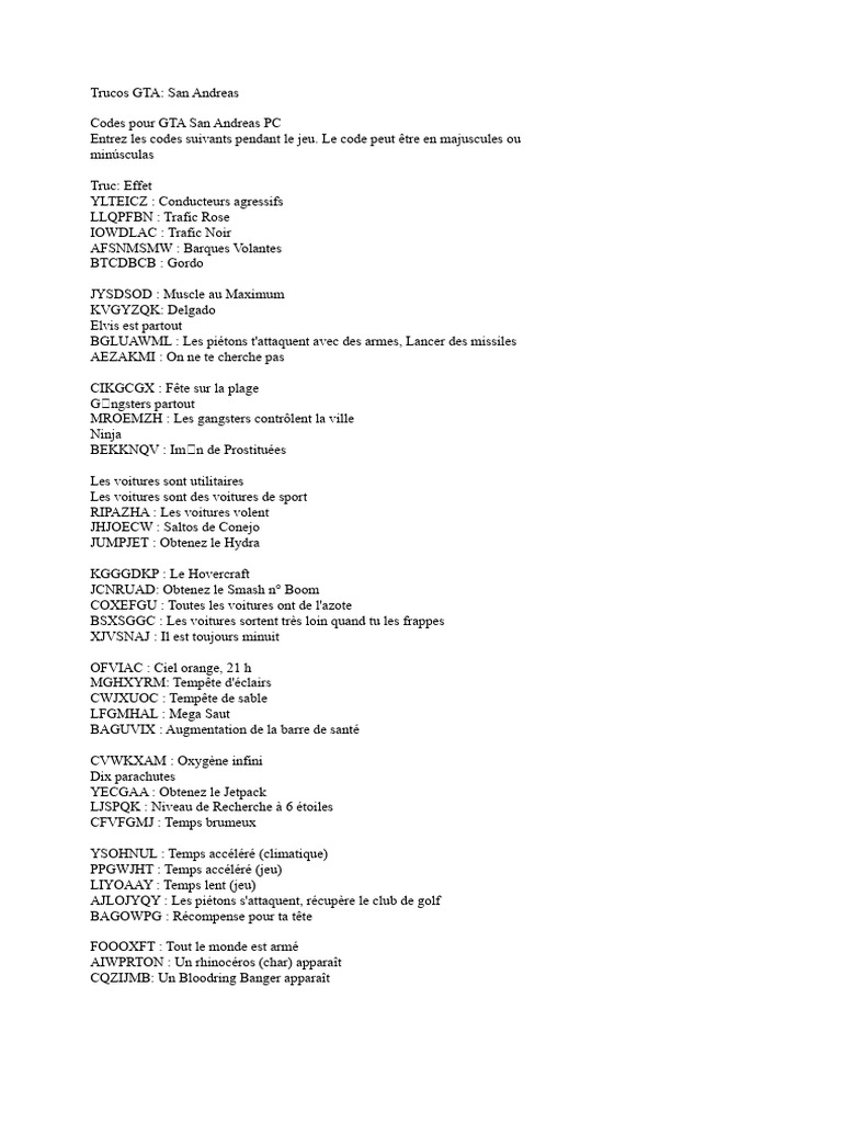 Codes et Trucs pour GTA San Andreas PC | PDF | Véhicules | Véhicules ...