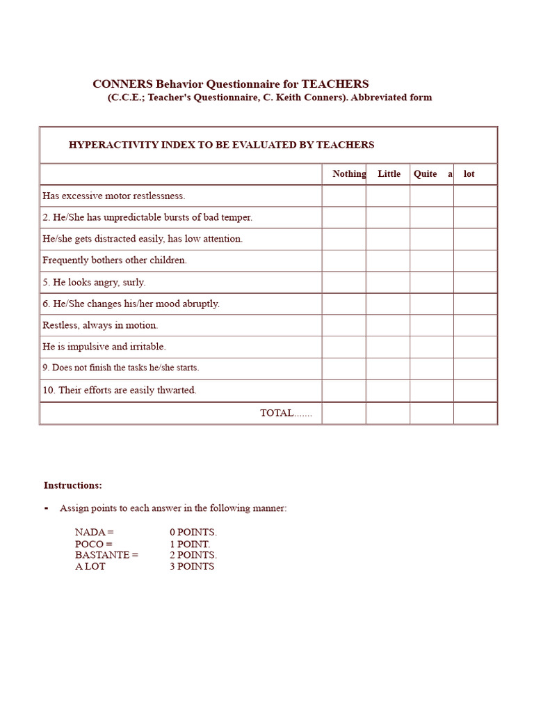 Conners Behavior Questionnaire Overview | PDF | Attention Deficit ...
