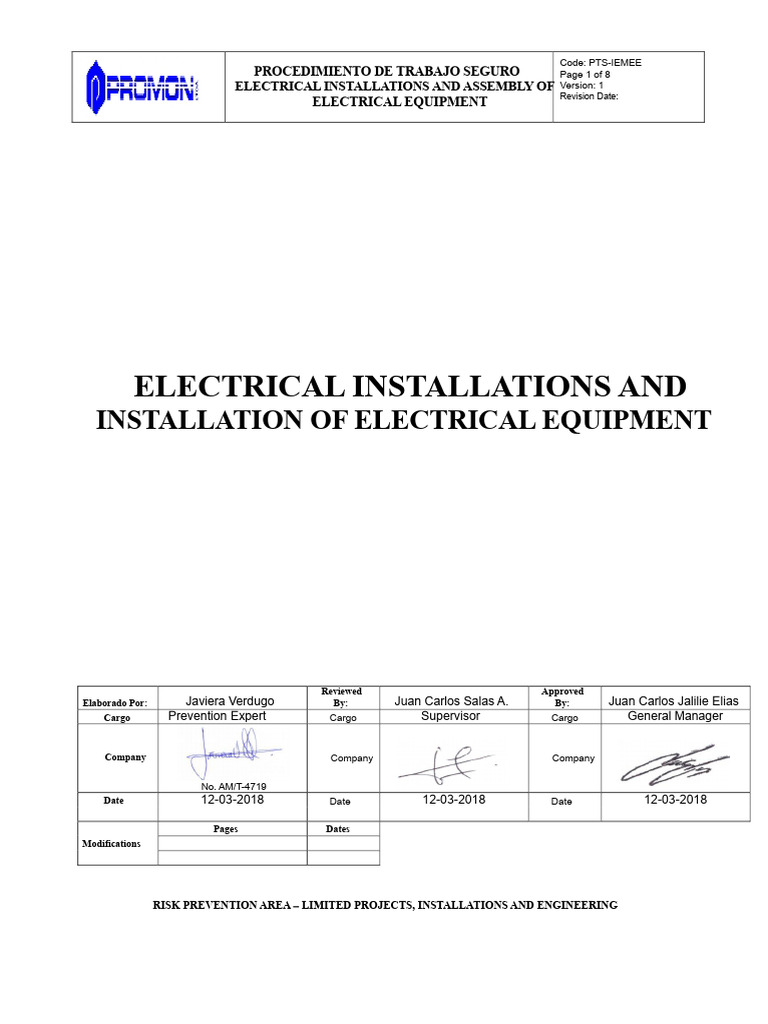 Safe Work Procedure for Electrical Installations | PDF | Electrical ...