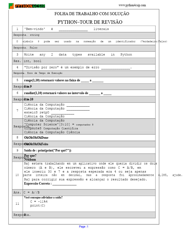 Folha de Trabalho de Revisão em Python | PDF | Python (linguagem de ...