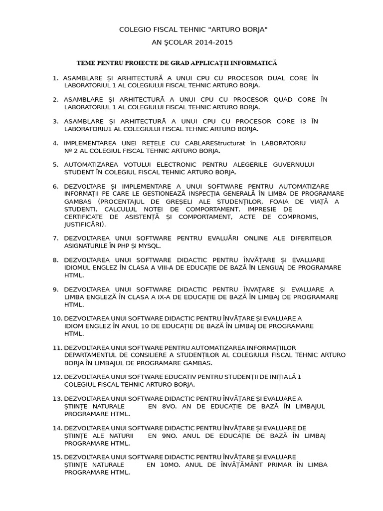 Teme Pentru Proiecte de Grad La Informatica | PDF