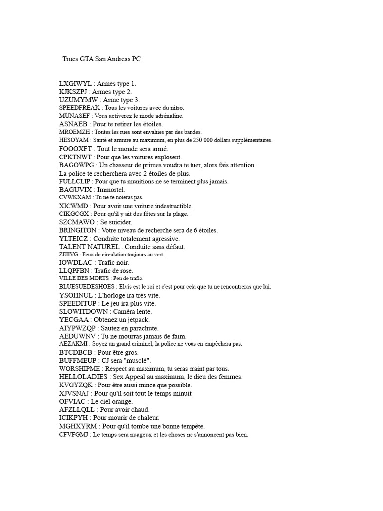 Codes de triche GTA San Andreas PC | PDF