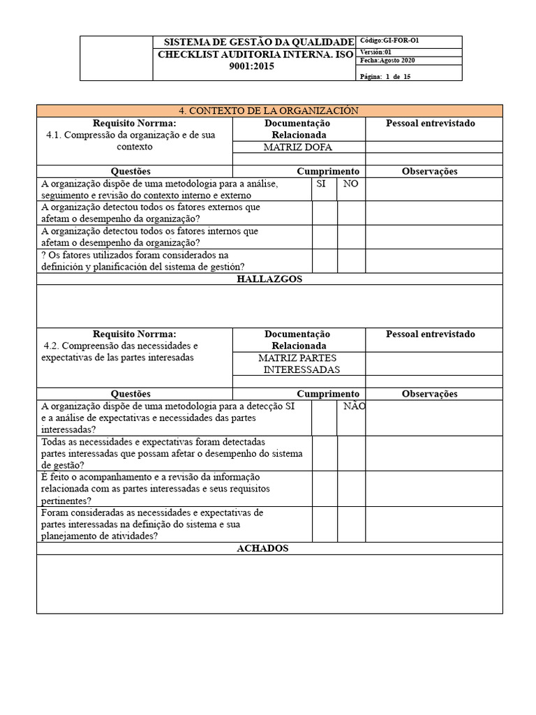 Checklist Auditoria Interna ISO 9001:2015 | PDF | Qualidade (negócios ...